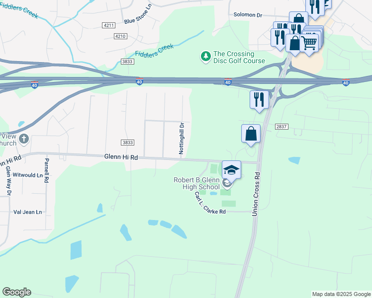 map of restaurants, bars, coffee shops, grocery stores, and more near 657 Nottinghill Drive in Winston-Salem