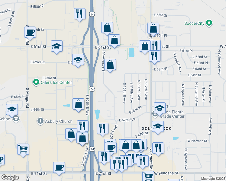 map of restaurants, bars, coffee shops, grocery stores, and more near 10703 East 65th Street in Tulsa