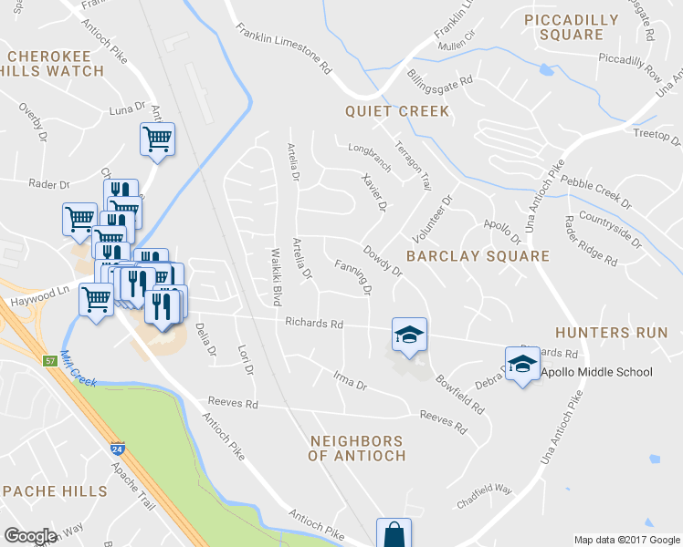 map of restaurants, bars, coffee shops, grocery stores, and more near 4633 Fanning Drive in Nashville