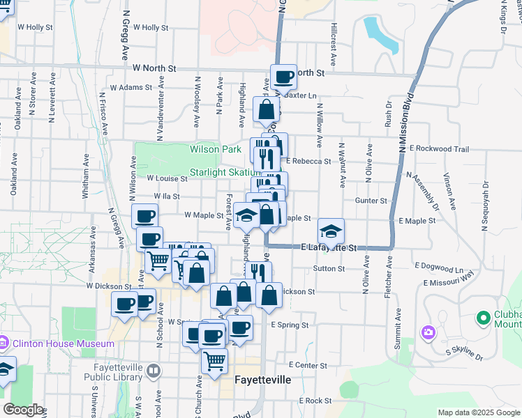 map of restaurants, bars, coffee shops, grocery stores, and more near 509 North College Avenue in Fayetteville