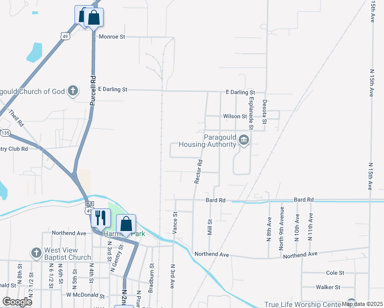 map of restaurants, bars, coffee shops, grocery stores, and more near 2 Gunnar Loop in Paragould
