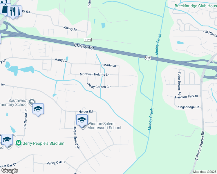 map of restaurants, bars, coffee shops, grocery stores, and more near Trinity Garden Circle in Clemmons