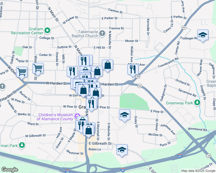 map of restaurants, bars, coffee shops, grocery stores, and more near 215 East Harden Street in Graham