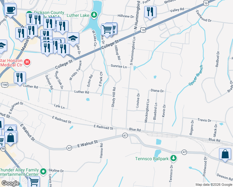 map of restaurants, bars, coffee shops, grocery stores, and more near 207 Shady Hill Rd in Dickson