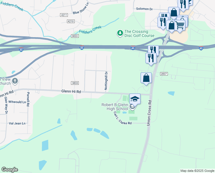 map of restaurants, bars, coffee shops, grocery stores, and more near 657 Nottinghill Drive in Winston-Salem