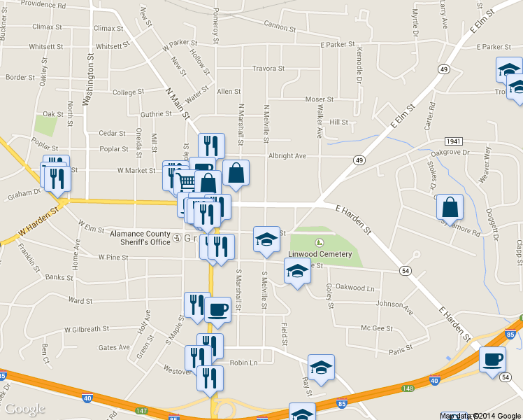 map of restaurants, bars, coffee shops, grocery stores, and more near 215 East Harden Street in Graham