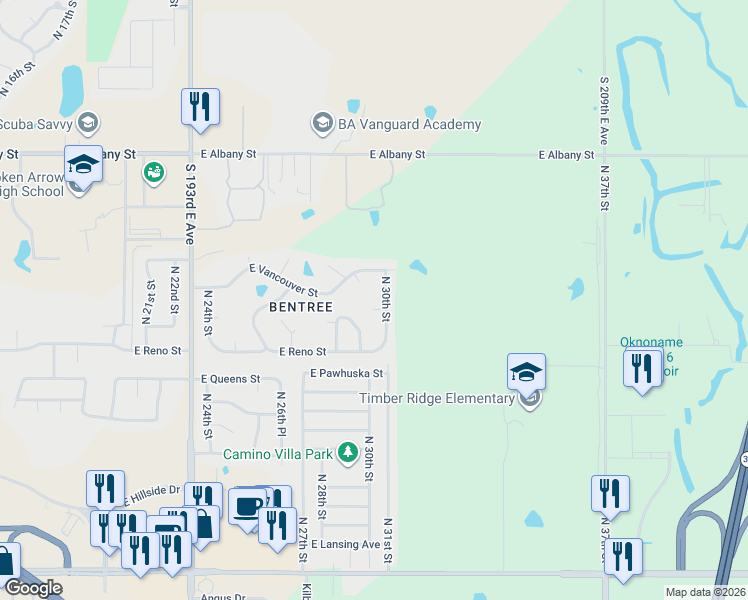 map of restaurants, bars, coffee shops, grocery stores, and more near 3004 East Tacoma Street in Broken Arrow