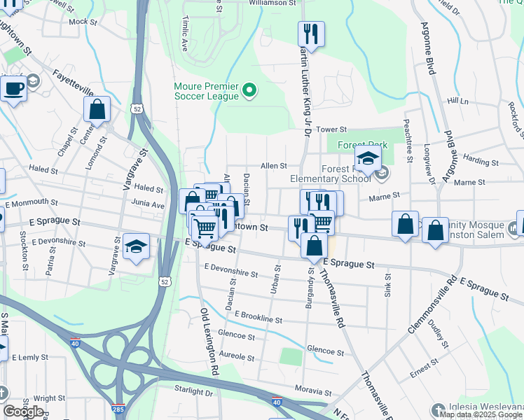 map of restaurants, bars, coffee shops, grocery stores, and more near 721 Junia Avenue in Winston-Salem
