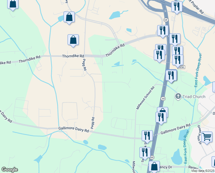 map of restaurants, bars, coffee shops, grocery stores, and more near 603 Orourke Drive in Greensboro