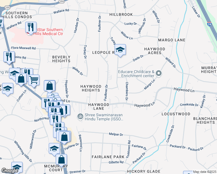 map of restaurants, bars, coffee shops, grocery stores, and more near 3847 Faulkner Drive in Nashville