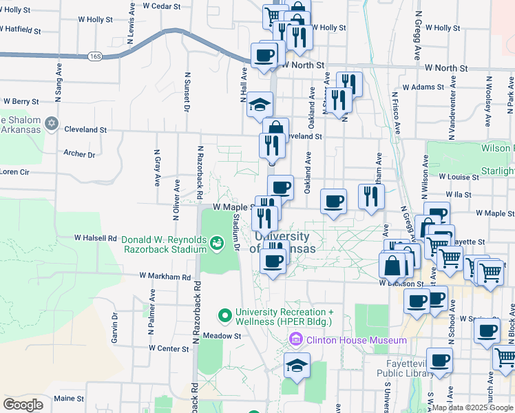 map of restaurants, bars, coffee shops, grocery stores, and more near in Fayetteville