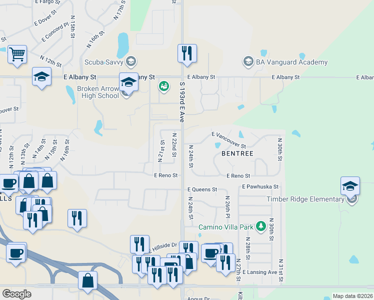 map of restaurants, bars, coffee shops, grocery stores, and more near 2000 North 24th Street in Broken Arrow
