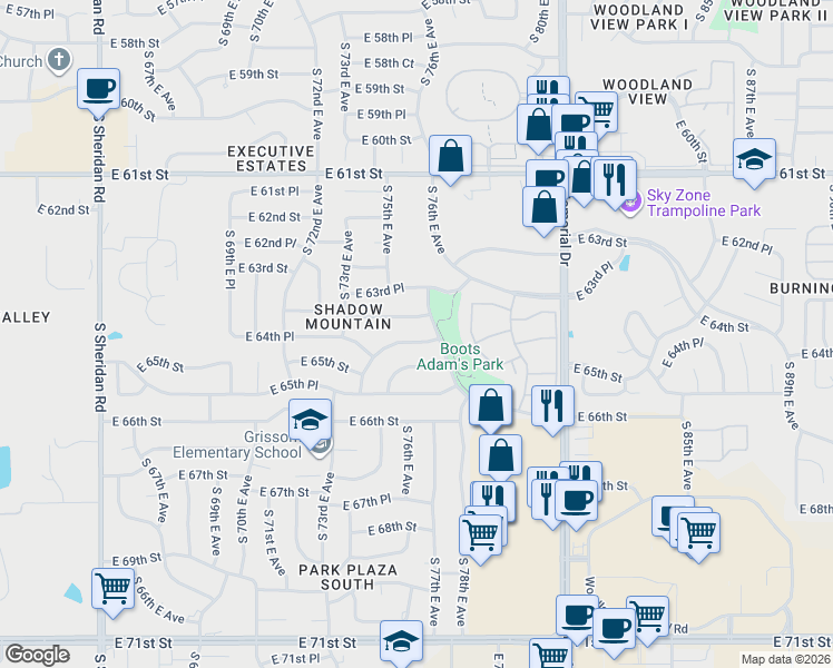 map of restaurants, bars, coffee shops, grocery stores, and more near 7521 East 64th Place in Tulsa