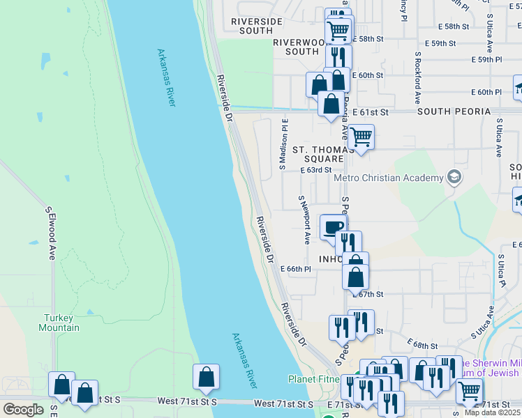 map of restaurants, bars, coffee shops, grocery stores, and more near 7901 Riverside Parkway in Tulsa
