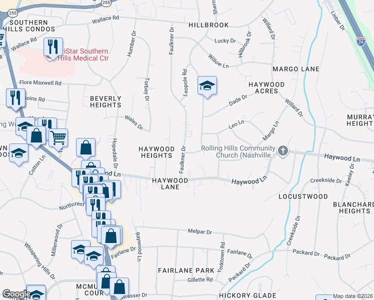 map of restaurants, bars, coffee shops, grocery stores, and more near 3847 Faulkner Drive in Nashville