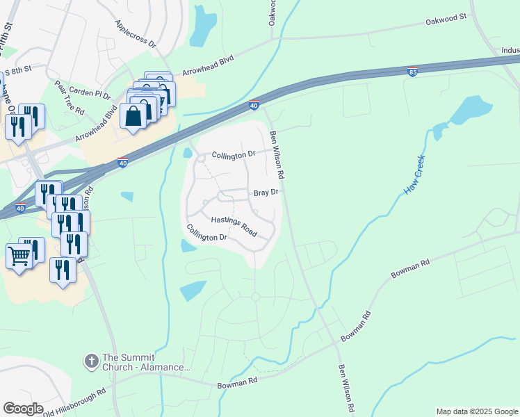 map of restaurants, bars, coffee shops, grocery stores, and more near 908 Collington Drive in Mebane