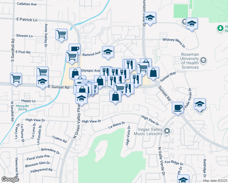map of restaurants, bars, coffee shops, grocery stores, and more near 4401 East Sunset Road in Henderson