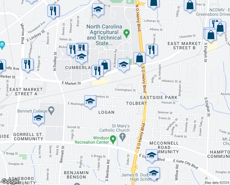 map of restaurants, bars, coffee shops, grocery stores, and more near 401 South Benbow Road in Greensboro