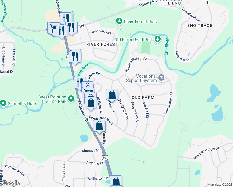 map of restaurants, bars, coffee shops, grocery stores, and more near 5315 Shady Bluff Street in Durham