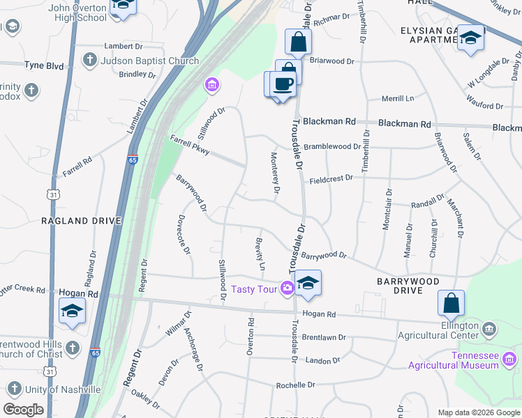 map of restaurants, bars, coffee shops, grocery stores, and more near 517 Arrowwood Drive in Nashville