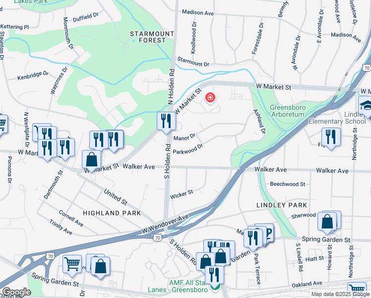 map of restaurants, bars, coffee shops, grocery stores, and more near 3810 Parkwood Drive in Greensboro