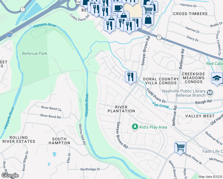 map of restaurants, bars, coffee shops, grocery stores, and more near 1279 General George Patton Road in Nashville