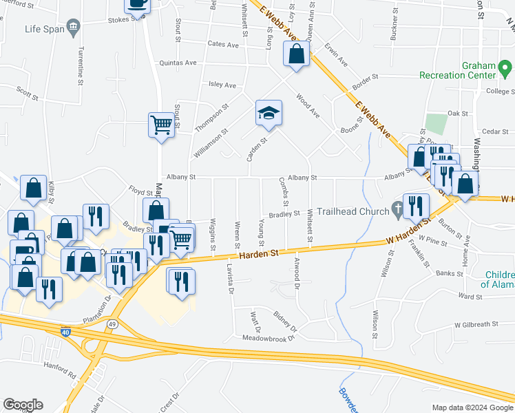 map of restaurants, bars, coffee shops, grocery stores, and more near 2127 Young Street in Burlington