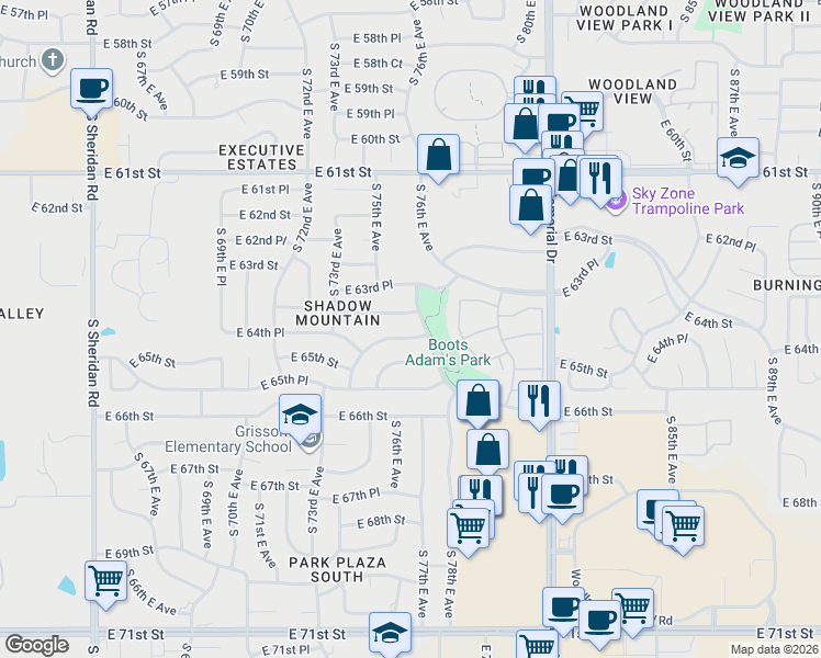 map of restaurants, bars, coffee shops, grocery stores, and more near 7521 East 64th Place in Tulsa