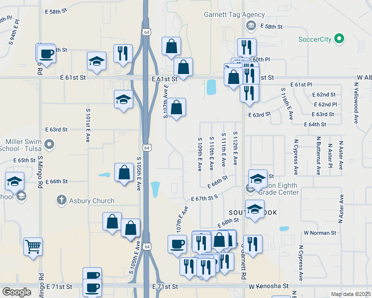 map of restaurants, bars, coffee shops, grocery stores, and more near 10703 East 65th Street in Tulsa