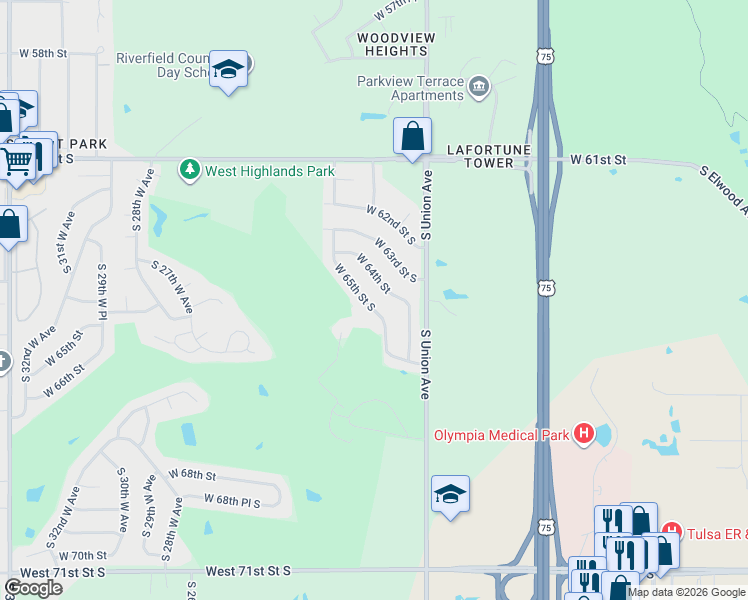 map of restaurants, bars, coffee shops, grocery stores, and more near 1822 West 64th Street in Tulsa