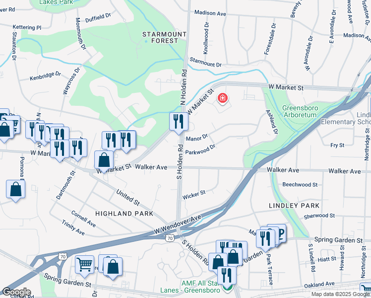 map of restaurants, bars, coffee shops, grocery stores, and more near 117 South Holden Road in Greensboro
