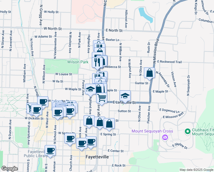 map of restaurants, bars, coffee shops, grocery stores, and more near 513 N Washington Ave in Fayetteville