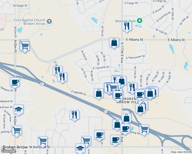 map of restaurants, bars, coffee shops, grocery stores, and more near 1808 North 6th Street in Broken Arrow