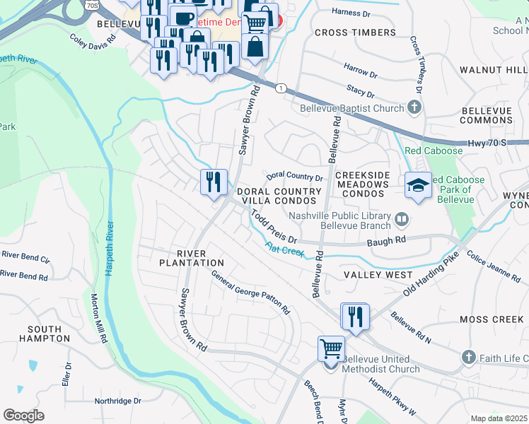 map of restaurants, bars, coffee shops, grocery stores, and more near 555 Doral Country Drive in Nashville