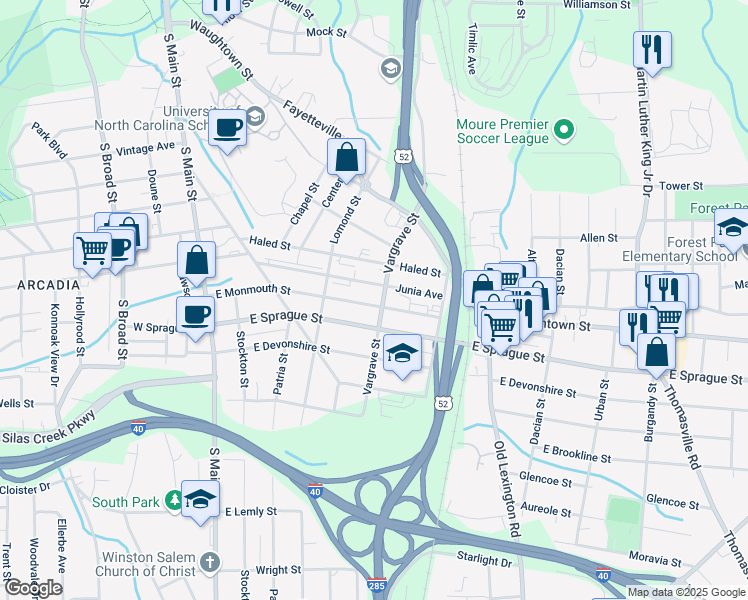 map of restaurants, bars, coffee shops, grocery stores, and more near 347 East Monmouth Street in Winston-Salem