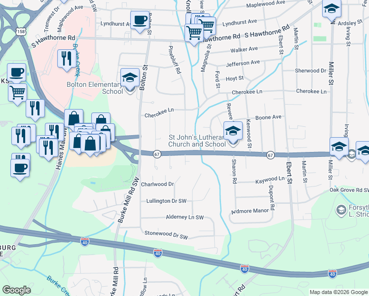 map of restaurants, bars, coffee shops, grocery stores, and more near 1365 Pinebluff Road in Winston-Salem