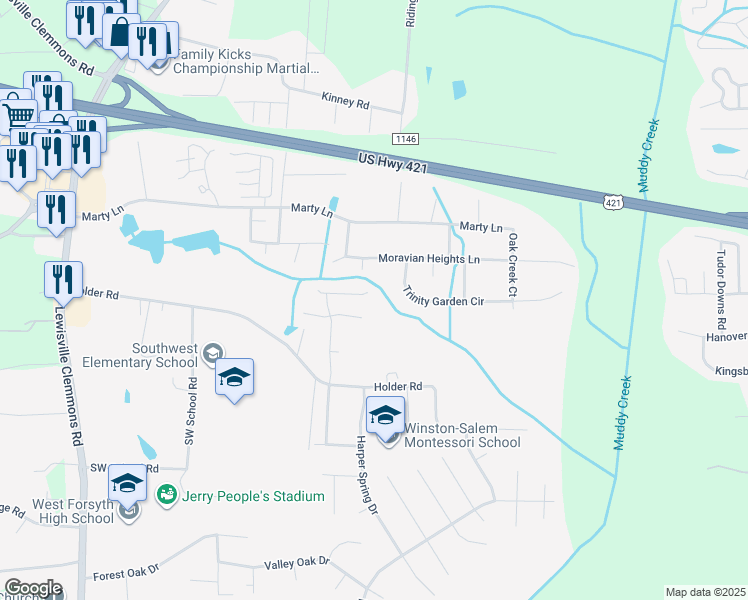 map of restaurants, bars, coffee shops, grocery stores, and more near 6238 Langdon Village Court in Clemmons