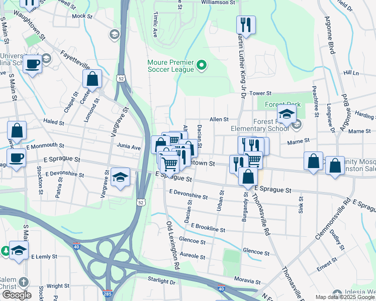 map of restaurants, bars, coffee shops, grocery stores, and more near 645 Junia Avenue in Winston-Salem