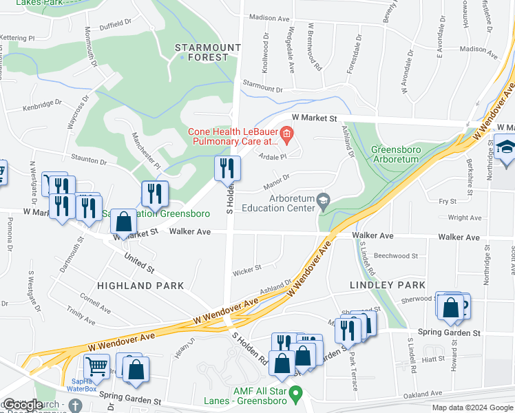 map of restaurants, bars, coffee shops, grocery stores, and more near 3808 Parkwood Drive in Greensboro