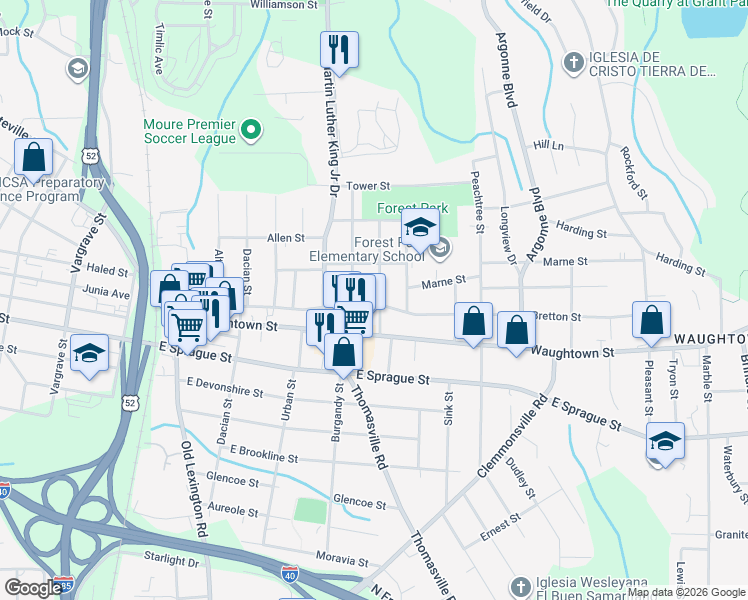 map of restaurants, bars, coffee shops, grocery stores, and more near 2034 Bertha Street in Winston-Salem