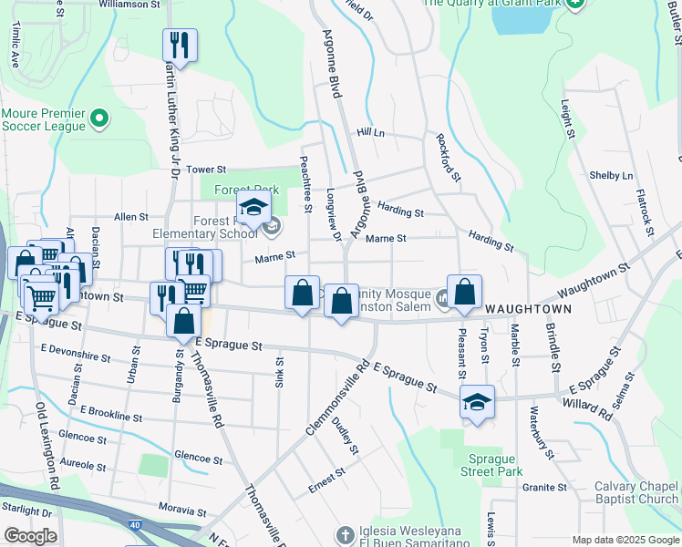 map of restaurants, bars, coffee shops, grocery stores, and more near 1908 Longview Drive in Winston-Salem