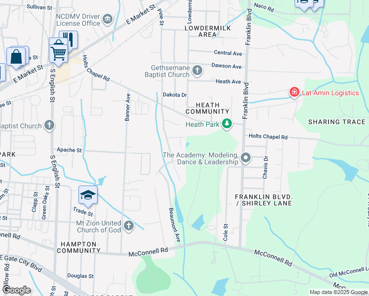 map of restaurants, bars, coffee shops, grocery stores, and more near 7 Elaine Wright Court in Greensboro