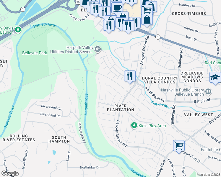 map of restaurants, bars, coffee shops, grocery stores, and more near 1279 General George Patton Road in Nashville
