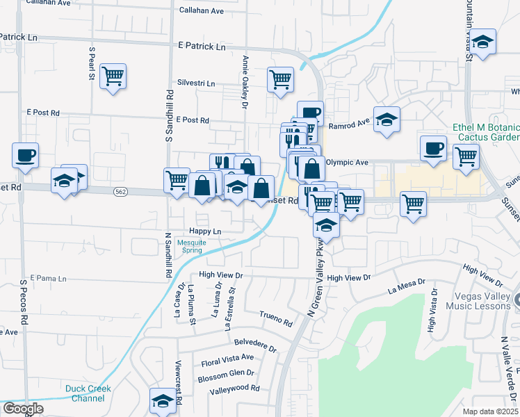 map of restaurants, bars, coffee shops, grocery stores, and more near 6530 Annie Oakley Drive in Henderson