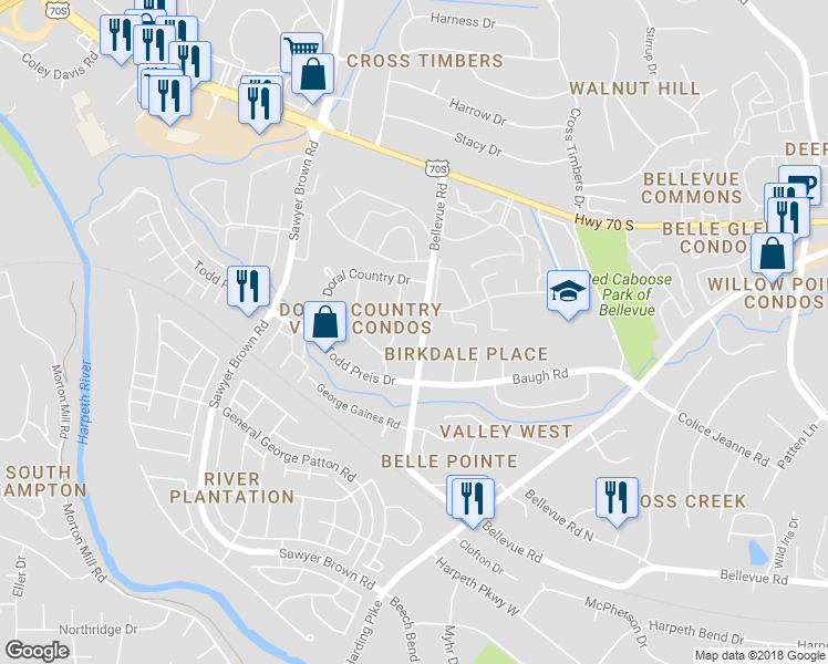 map of restaurants, bars, coffee shops, grocery stores, and more near 809 Bellevue Road in Nashville