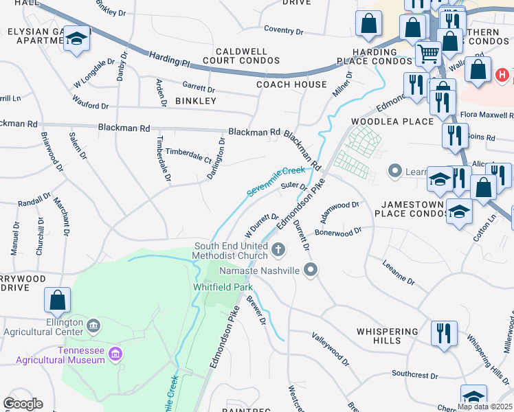 map of restaurants, bars, coffee shops, grocery stores, and more near 5030 Suter Drive in Nashville