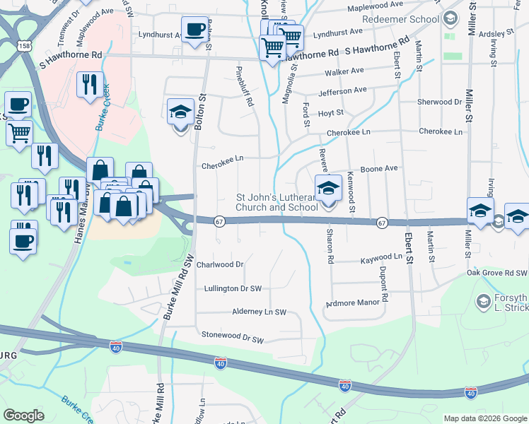 map of restaurants, bars, coffee shops, grocery stores, and more near 1365 Pinebluff Road in Winston-Salem