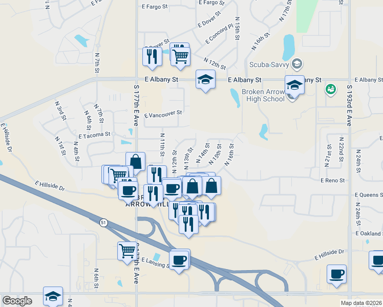 map of restaurants, bars, coffee shops, grocery stores, and more near 1817 North 13th Street in Broken Arrow