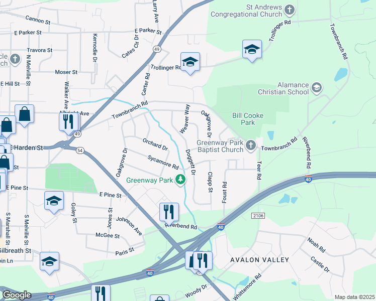map of restaurants, bars, coffee shops, grocery stores, and more near 409 Doggett Drive in Graham