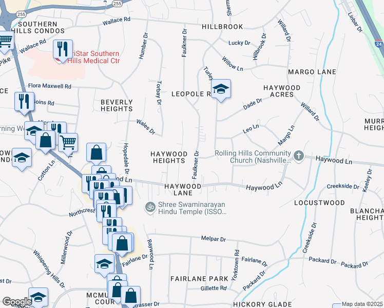map of restaurants, bars, coffee shops, grocery stores, and more near 3847 Faulkner Drive in Nashville